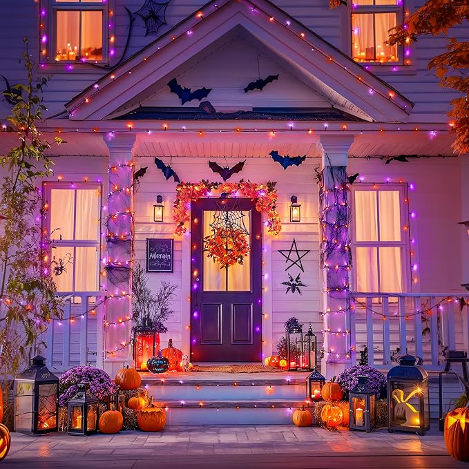 JMEXSUSS 2 Pack Solar Halloween Lights Orange and Purple, Total 200LED 66FT | Halloween Lights Outdoor Waterproof, 8 Modes Solar String Lights for Outside Patio Christmas Tree Yard Halloween Decor
