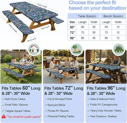 Picnic Table Cover with Bench Covers Camping Essentials Waterproof Windproof Camping Tablecloth with Drawstring Bag, Fitted Rectangle Tables and Seats, 72in, Deep Blue Green