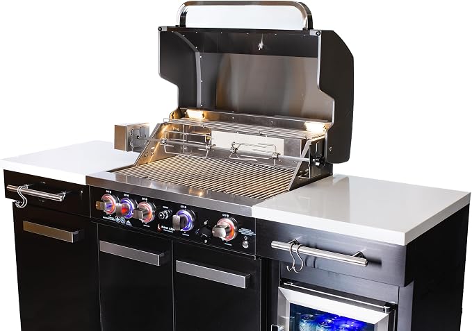 Mont Alpi Premium 70"W x 24"D Black Stainless Steel Compact Outdoor Kitchen Island with Refrigerator + 32"W 4-Burner BBQ Grill with Infrared Rotisserie Burner + Storage Cabinets + Granite Countertops