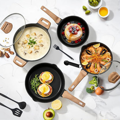 NEWBULIG 25-Piece Nonstick Cookware Set, Granite Pots and Pans with Lids, Induction Compatible Nonstick Cooking Set with Frying Pans & Saucepans, Black