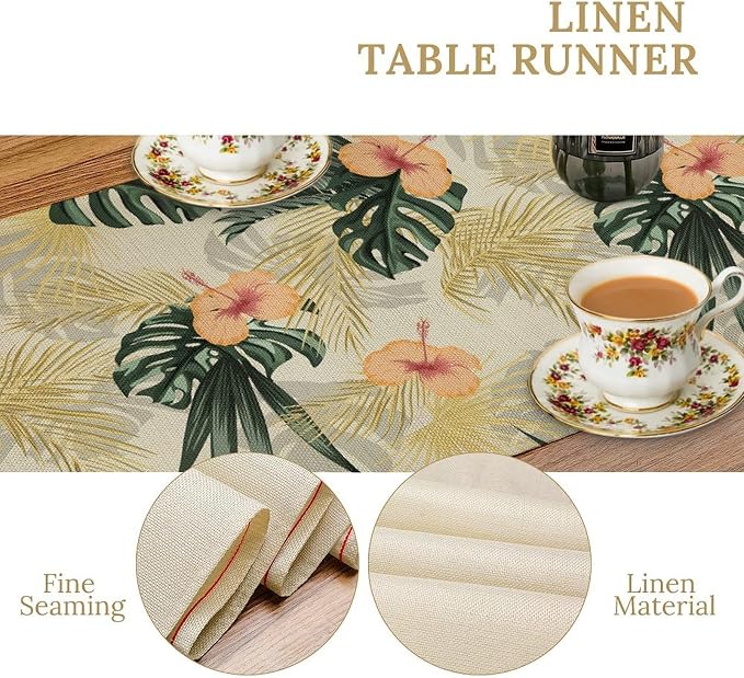 Tropical Leaves Table Runner Retro Boho Palms Tree Flower Hawaii Jungle Botanical Spring Summer Seasonal Dinner Runner for Farmhouse Home Kitchen Dining Holiday Party Decor 13x36in