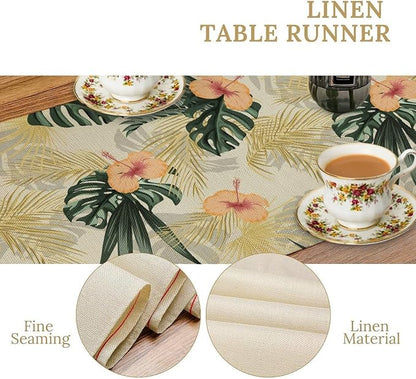 Tropical Leaves Table Runner Retro Boho Palms Tree Flower Hawaii Jungle Botanical Spring Summer Seasonal Dinner Runner for Farmhouse Home Kitchen Dining Holiday Party Decor 13x90in
