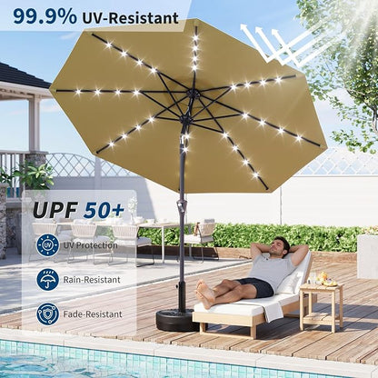 Garvee 9FT Solar Patio Umbrella Outdoor Umbrella with 32 LED Lights | Crank Lift, Push Button Tilt & 8 Sturdy Ribs, UV Resistant Waterproof Market Umbrella for Pool, Yard, Garden(Tan)