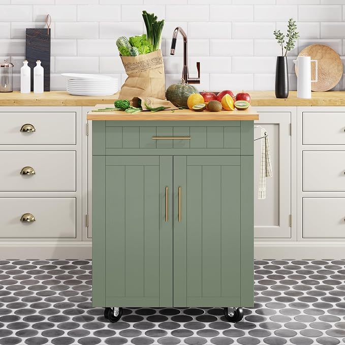 Shintenchi Kitchen Island cart with Storage, Portable Bar Cabinet on Wheels, Rolling Microwave Cart Side Table with Workstation for Kitchen, Dinning Room, Green