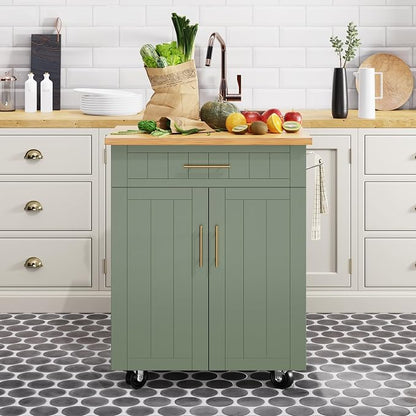 Shintenchi Kitchen Island cart with Storage, Portable Bar Cabinet on Wheels, Rolling Microwave Cart Side Table with Workstation for Kitchen, Dinning Room, Green