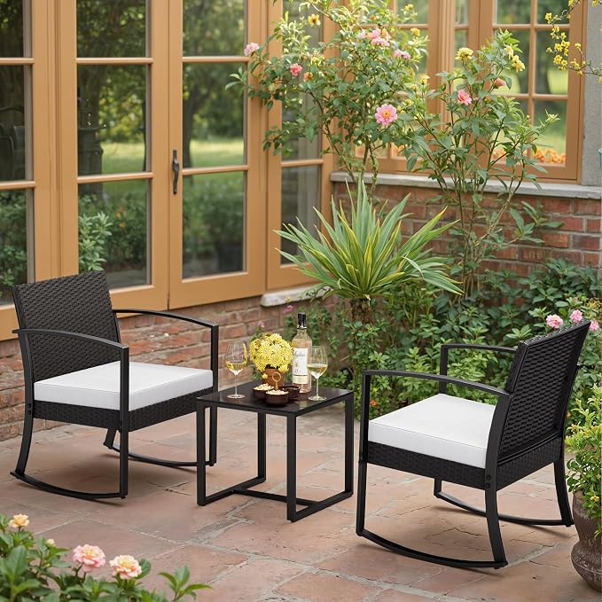 Greesum 3 Pieces Outdoor Furniture Set Patio Bistro Rocking Chairs with Glass Coffee Table for Pool Beach Backyard Balcony Porch Deck Garden, White