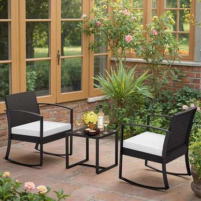 Greesum 3 Pieces Outdoor Furniture Set Patio Bistro Rocking Chairs with Glass Coffee Table for Pool Beach Backyard Balcony Porch Deck Garden, White