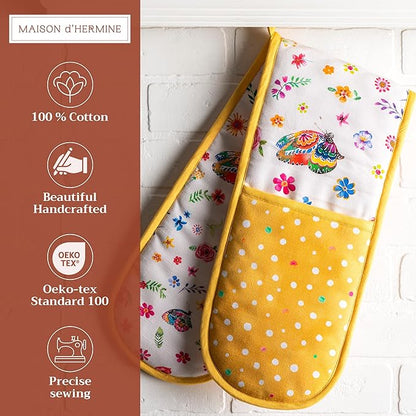 Maison d' Hermine Double Oven Mitts 100% Cotton 7"x35" Double Oven Mitt Heat Resistant BBQ Cooking Gloves with Loop Baking Grilling Kitchen Hotel Home Farmhouse Spring Summer (Happy Florals - Sweety)