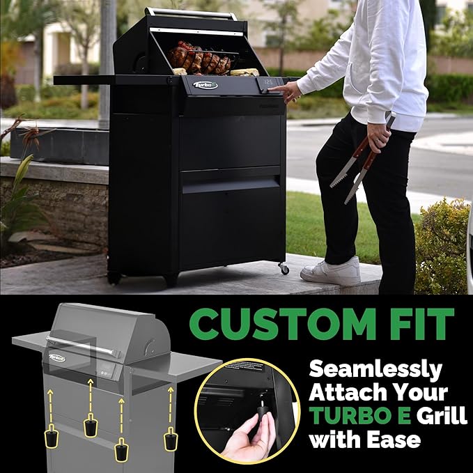 Turbo E Exclusive Grill Cart with Wheels - Spacious Side Shelves, Integrated Storage & Sleek Black Finish to Match Turbo E Outdoor Grills Seamlessly (Includes Weather-Resistant Grill Cover)