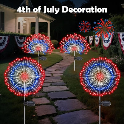 4th of July Decorations Solar Fireworks Lights for Outside, 2 Pack 180LED Red White Blue Solar Lights Outdoor with 8 Mode, Firework Patriotic Light for 4th of July Memorial Day Party Decoration
