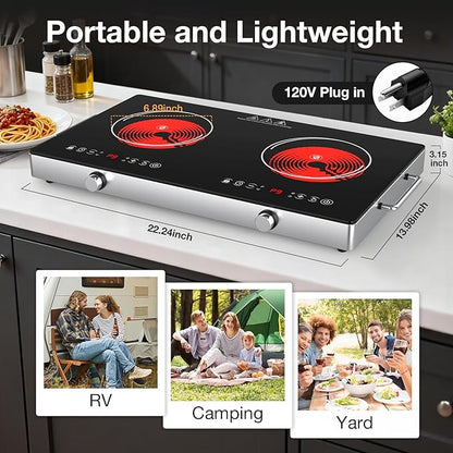 2 Burner Electric Cooktop 110V, 4000W Portable Electric Stove Infrared Hot Plate, 24 inch Countertop Burners with Handle, 3-Hours Timing Setting & Kid Safety Lock, Compatible for All Cookwares