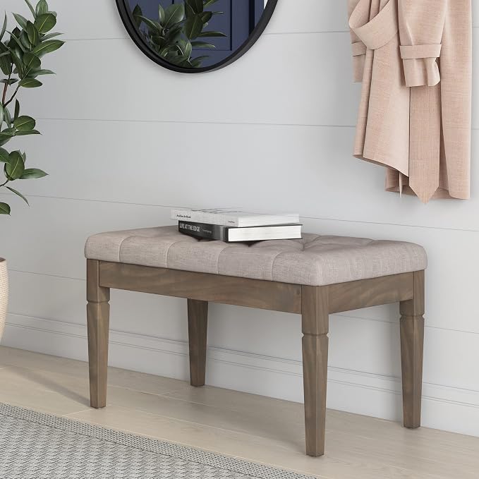 SIMPLIHOME Dahlia 18" x 46" Solid Wood Outdoor Indoor Bench in Grey | Natural linen look, traditional tufted ottoman bench with carved legs; ideal bedroom or living room footstool or footrest.