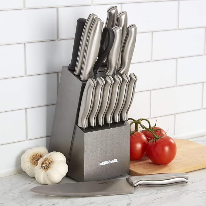 Farberware 15-Piece Knife Block Set, High Carbon Stainless Steel Kitchen Knife Set with Graphite Block, Chef Knife, Bread Knife, Santoku, Steak Knives, and Sharpening Steel