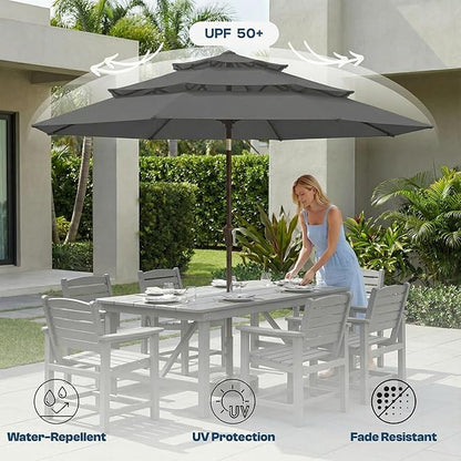 10ft Patio Umbrella, 3 Tier Outdoor Market Table Umbrellas with 8 Fiberglass Ribs and Push Button Tilt, Windproof, Vented Canopy, UV Protection for Deck, Pool, Backyard
