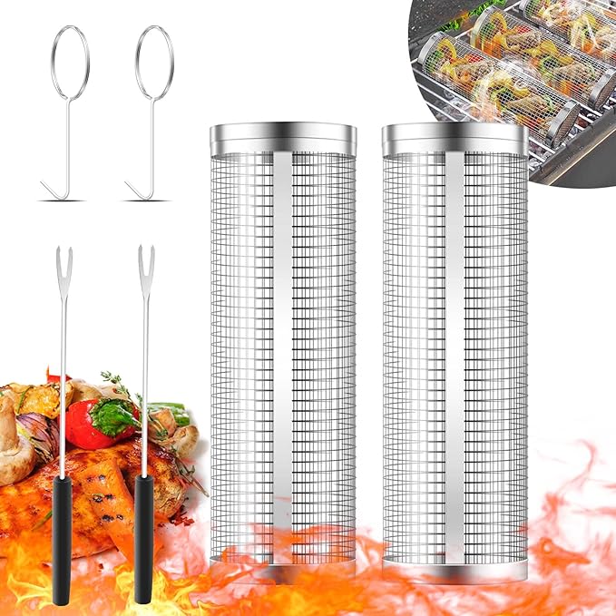 KAYCROWN Rolling Grill Baskets for Outdoor Grilling 2 Pack, BBQ Grill Baskets Stainless Steel Grill Mesh 12 Inches, Grill BBQ Net Tube Stainless Steel Barbecue Grill Accessories, (2 Large)