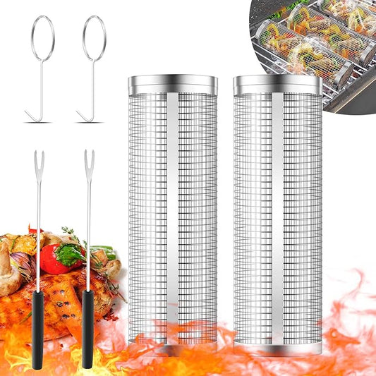 KAYCROWN Rolling Grill Baskets for Outdoor Grilling 2 Pack, BBQ Grill Baskets Stainless Steel Grill Mesh 12 Inches, Grill BBQ Net Tube Stainless Steel Barbecue Grill Accessories, (2 Large)