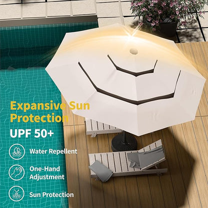 Kingdura 9ft 3-Tier Patio Umbrella with Solar Lights, Table Umbrella Outdoor Patio with Easy Crank & Tilt, 8 Sturdy Ribs, UV Protection, 32 LED Lights for Deck, Poolside, Market (Beige)