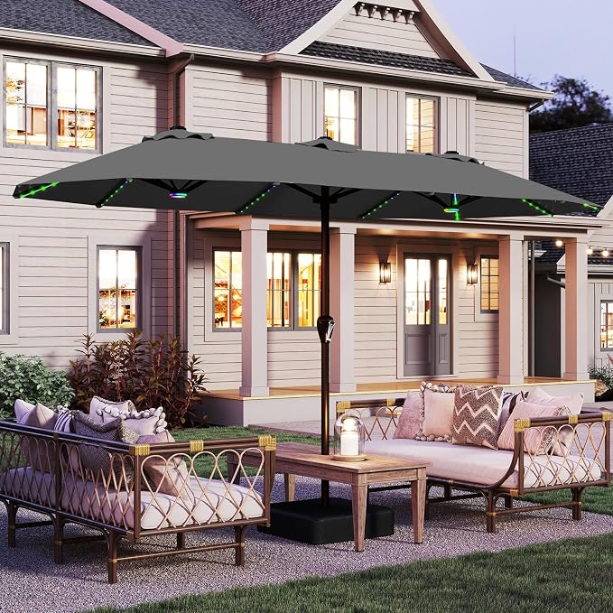 AreShark 15FT Large Rectangular Patio Umbrella with Solar Lights, Gray | Rectangle Lighted Outdoor Umbrella with Crank, Double-Sided Market Umbrella with Base for Porch, Lawn, Pool, Backyard