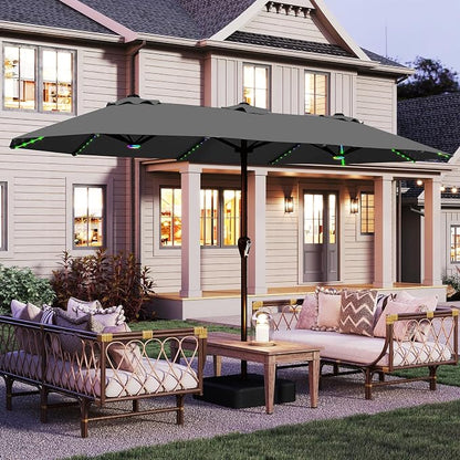 AreShark 15FT Large Rectangular Patio Umbrella with Solar Lights, Gray | Rectangle Lighted Outdoor Umbrella with Crank, Double-Sided Market Umbrella with Base for Porch, Lawn, Pool, Backyard