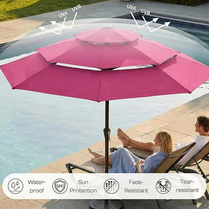 10ft 3-Tier Patio Umbrella with 32 Solar Powered LED Lights, Windproof Outdoor Market Umbrella for Deck, Poolside & Garden, Sturdy Push-Button Tilt Table Umbrella, Rose Pink