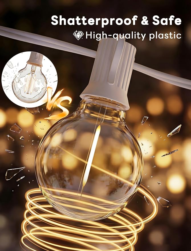 Abeja 25Ft LED Outdoor String Light, Patio Globe String Lights with 27 Shatterproof LED Clear Bulbs(2 Spare), Hanging Patio String Lights for Backyard Decor Bistro Party Yard Decor- White Wire