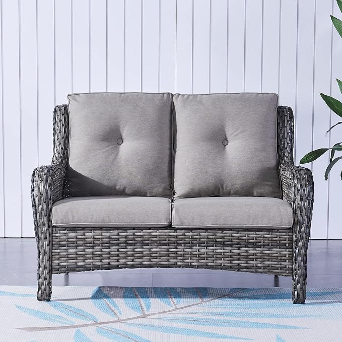 Rilyson Luxury Patio Outdoor Wicker Loveseat, 500 Lbs Weight Capacity Rattan Outdoor 2 seat Sofa Wicker with Deep Seating and Replaceable Cushions for Outside Porch Deck Balcony (Mixed Grey/Grey)