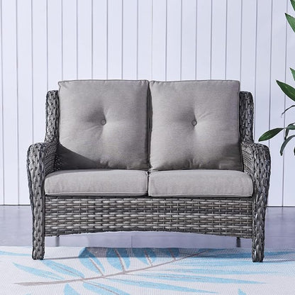 Rilyson Luxury Patio Outdoor Wicker Loveseat, 500 Lbs Weight Capacity Rattan Outdoor 2 seat Sofa Wicker with Deep Seating and Replaceable Cushions for Outside Porch Deck Balcony (Mixed Grey/Grey)