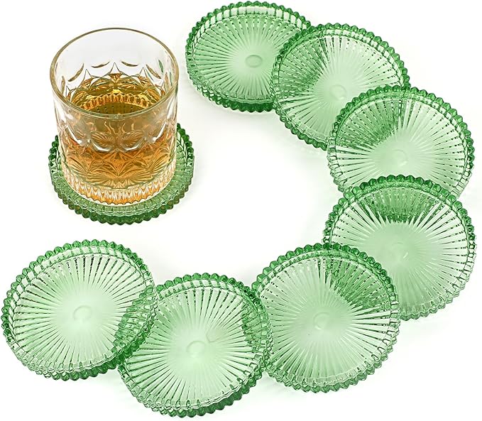 Modern Clear Coaster Set of 8- Glass Coasters for Drinks Crystal Coasters Round Cup Coaster Coffee Table Decor for Office, Kitchen, Bar, Dining Room, Living Room, Patio(Clear Green)
