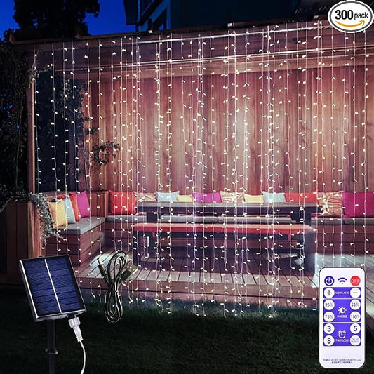 300LED Solar Curtain Lights USB & Solar Dual Powered 8 Modes Waterproof String Lights for Home Indoor Outdoor Use Garden Patio Decoration (Cold White)