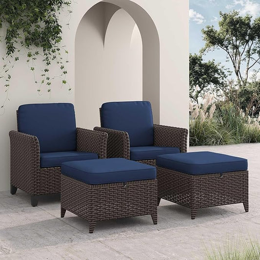 4 Pieces Patio Furniture Set, 2 High Back Chairs & 2 Ottomans, All-Weather PE Wicker Furniture with Waterproof Cushions for Deck, Garden, Porch