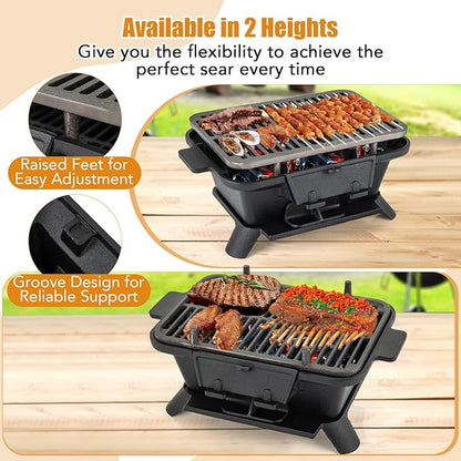 Hibachi Grill, Portable Cast Iron Charcoal Grill with Air Regulating Door & Fire Gate, Grate Lifter, Small Tabletop Japanese Yakitori Grill for Outdoor Camping, Picnic, Party (Rectangle)