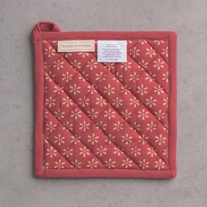 Maison d' Hermine Pot Holders 100% Cotton Potholders (8" x 8", Pack of 1) | Heat Resistant Hot Pads with Loop BBQ Cooking Baking Hotel Kitchen Handling Hot Pans Thanksgiving Christmas - Romane