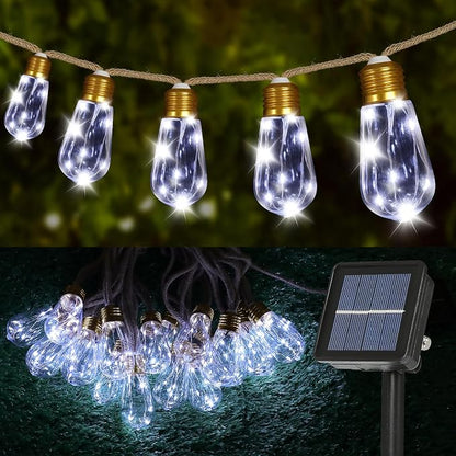 Solar String Lights Outdoor, 24FT Solar Patio Lights, String Lights for Outside, Waterproof 8 Modes Hemp Rope Lights with 20 Shatterproof LED Bulbs for Garden Yard Fence Balcony Camping Decor - White