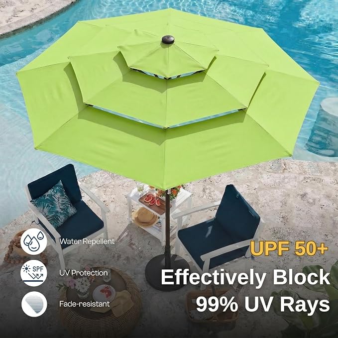 10ft 3 Tier Patio Umbrella, Outdoor Market Table Umbrella with UPF 50+ Vented Canopy, 8 Sturdy Ribs, Easy Push Button Tilt and Crank, Windproof for Deck, Pool, Backyard and Garden