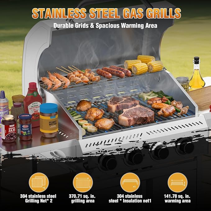 R.W.FLAME 4-Burner Gas Grill, Propane Grill with Folding Side Tables, Heavy-Duty Thickened Stainless Steel Grill, 32,000 BTU BBQ Grill for Outdoor Cooking, Barbecue, Garden and Patio Backyard