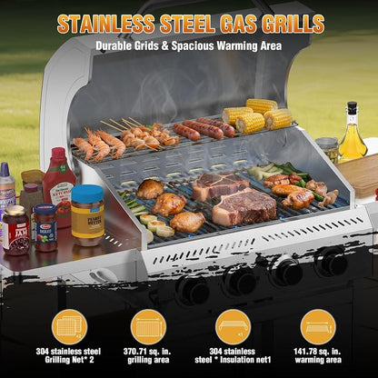 COWSAR 4-Burner Propane Gas Grill, 32K BTU, Stainless Steel BBQ, Outdoor | 4-Burner Propane Grill, 32K BTU, Stainless Steel & Foldable Tables, Outdoor BBQ Patio, Thermometer & Lockable Casters
