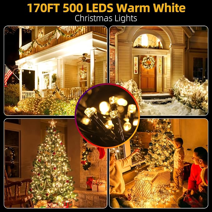 MZD8391 170FT 500 LED Christmas Lights Outdoor Indoor, Christmas Tree Light | Warm White, 100% UL Listed, Waterproof, 8 Light Modes, Timer & Memory, End To End Connect, Christmas String Light Decoration