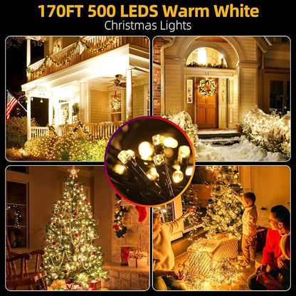 MZD8391 170FT 500 LED Christmas Lights Outdoor Indoor, Christmas Tree Light | Warm White, 100% UL Listed, Waterproof, 8 Light Modes, Timer & Memory, End To End Connect, Christmas String Light Decoration
