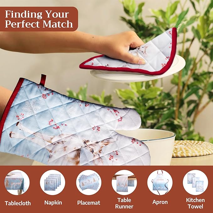 Maison d' Hermine Pot Holders Set 100% Cotton Heat Resistant Potholders 8" x 8" Hot Pads with Loop for Thanksgiving Christmas Decorations BBQ Baking Handling Hot Pans (Pack of 2, Fairy Tale Forest)