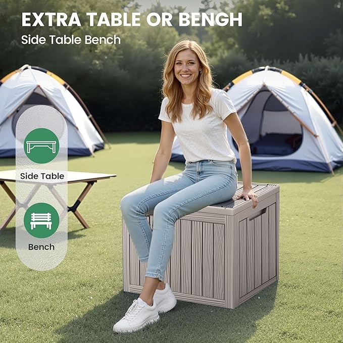 45 Gallon Outdoor Storage Box, Waterproof Resin Deck Box with Side Handles, Lockable Outdoor Bench for Indoor & Outdoor Use, Storage Bin for Patio Cushions, Garden Tools, Khaki