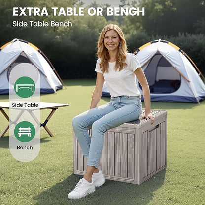 45 Gallon Outdoor Storage Box, Waterproof Resin Deck Box with Side Handles, Lockable Outdoor Bench for Indoor & Outdoor Use, Storage Bin for Patio Cushions, Garden Tools, Khaki