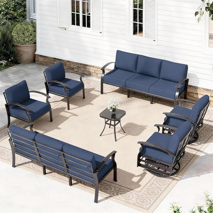 ALAULM Aluminum Patio Furniture Set with 2 Swivel Chairs 10-seat Metal Outdoor Furniture Patio Sectional Sofas Patio Conversation Set w/5.1" Cushions for Patio, Backyard, Poolside-DarkBlue