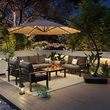 Aoxun Aluminum Patio Furniture Set with Umbrella 7 Seats, Oversized Outdoor Sectional with Washable Thick Cushions, Coffee Table, Patio Conversation Sets for Porch, Balcony, Deck