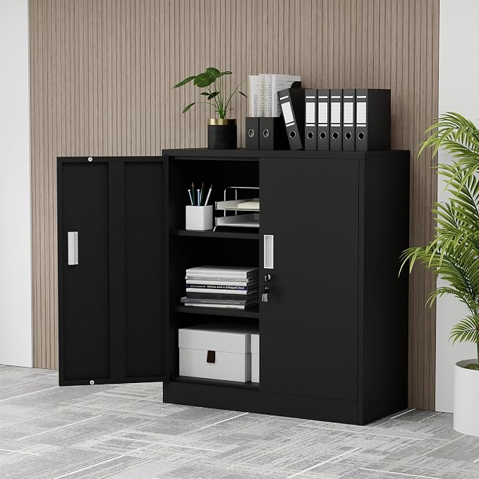 Metal Storage Cabinet with Locking Doors and 2 Adjustable Shelves, Small Lockable Storage Cabinet for Home Office Garage (Black)