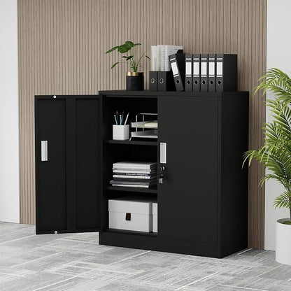 Metal Storage Cabinet with Locking Doors and 2 Adjustable Shelves, Small Lockable Storage Cabinet for Home Office Garage (Black)
