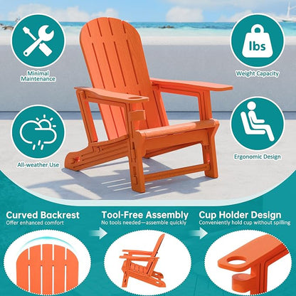 Shintenchi Adirondack Chairs Set of 2,HDPE Adirondack Chairs w/Removable Tablelop & Umbrella Hole,All-Weather Wooden Textured Plastic Outdoor Chairs w/Cup Holders for Garden Backyard Pool,Orange