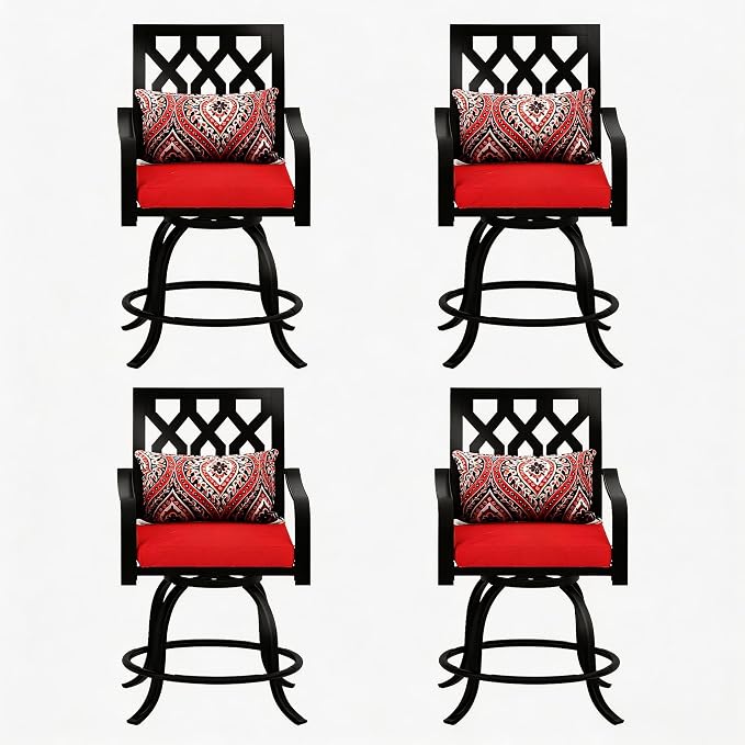 DWVO Metal Outdoor Bar Stools Set of 4, Heavy-Duty Bar Height Outdoor Chairs 352 Lbs Capacity, All-Weather E-Coated Swivel Barstools with Red Cushion & Pillow for Patio Deck Balcony