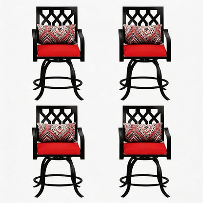 DWVO Metal Outdoor Bar Stools Set of 4, Heavy-Duty Bar Height Outdoor Chairs 352 Lbs Capacity, All-Weather E-Coated Swivel Barstools with Red Cushion & Pillow for Patio Deck Balcony