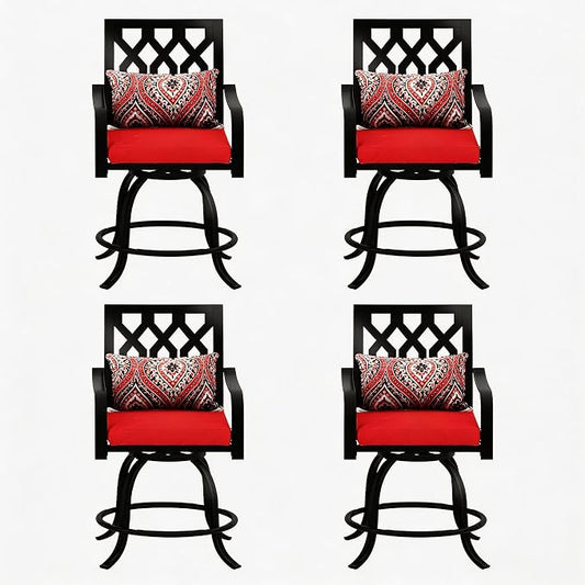 DWVO Metal Outdoor Bar Stools Set of 4, Heavy-Duty Bar Height Outdoor Chairs 352 Lbs Capacity, All-Weather E-Coated Swivel Barstools with Red Cushion & Pillow for Patio Deck Balcony