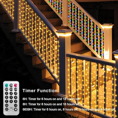 ZAIYW 20Ftx3Ft Curtain Lights Outdoor LED Fence Lights with Remote Timer | Dual Color Curtain Fairy Light Connectable Plug in Christmas Lights for Stair Fence Eaves Xmas Decor, Warm White & Multicolor